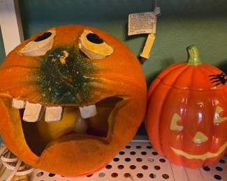 Vintage Ceramic Jack-o'-Lantern Candy Dish with Spider and Light-Up Pumpkin