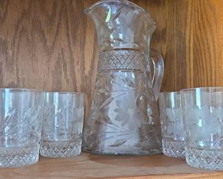 Cut Crystal Pitcher and Tumbler Set with Daisy Etching