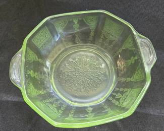 Green Uranium Glass "Princess" Pattern Octagonal Bowl