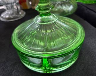 Green Uranium Glass Candy Dish with Lid - Hazel Atlas Cloverleaf Pattern