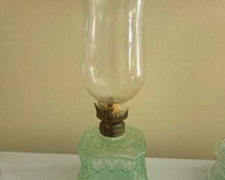 Green Glass Diamond Quilt Pattern Oil Lamp with Etched Glass Shade
