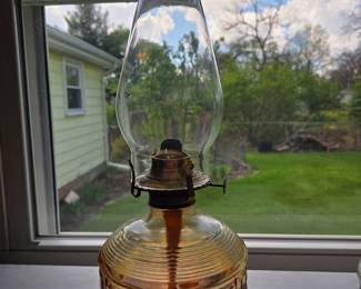 Amber Glass Ribbed Oil Lamp with Diamond Cut Base