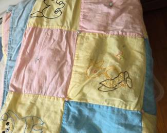 Hand-Quilted Baby Quilt with Embroidered Animals