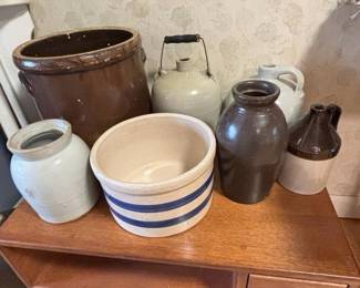 Collection of Vintage Stoneware Crocks and Jugs with Blue Banding