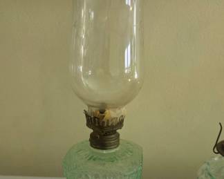 Victorian Green Glass Oil Lamp with Etched Floral Hurricane Shade