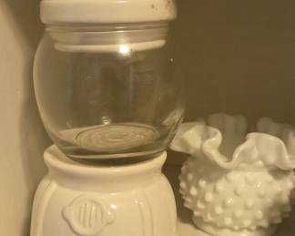 White Ceramic "5¢" Gumball Machine Candy Dish with Glass Globe and Hobnail Milk Glass Bowl