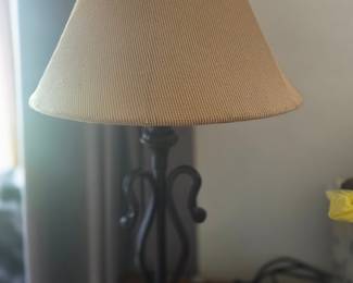 Wrought Iron Scroll Table Lamp with Beige Fabric Shade