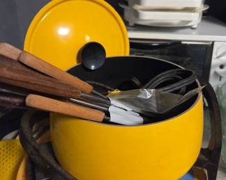 Vintage Yellow Enamel Fondue Pot Set with Wooden Skewers