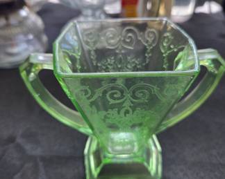 Indiana Glass Lorain Green Uranium Glass Sugar Bowl with Handles