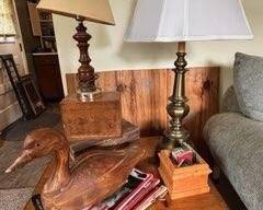 Vintage Wooden Duck Decoy and Brass Table Lamps