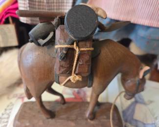 Vintage Hand Carved Wooden Donkey with Rider and Load