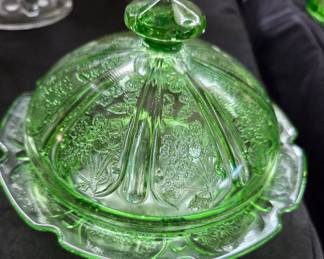 Green Cameo Ballerina Depression Glass Covered Butter Dish
