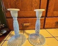 Blue Opaline Glass Candlesticks (Pair) - Portieux Vallerysthal