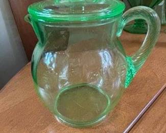 Green Uranium Glass Pitcher with Lid - Anchor Hocking Cameo Ballerina Pattern