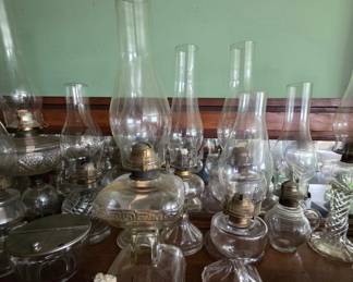 Collection of Vintage Clear Glass Oil Lamps with Brass Burners
