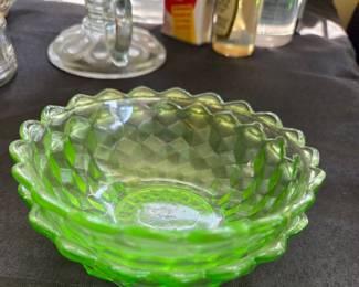 Jeannette Glass Company Cube/Cubist Green Vaseline Glass Bowl