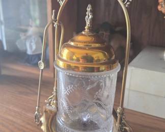 Victorian Brass and Cut Glass Pickle Castor with Tongs