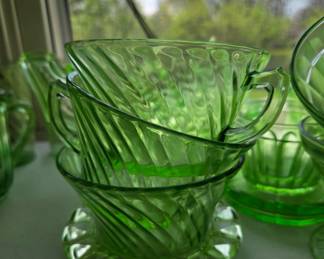 Green Uranium Glass Swirl Pattern Cups and Saucers