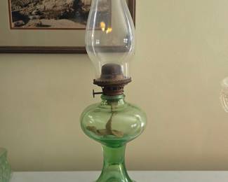 Green Glass "Queen Anne" Oil Lamp