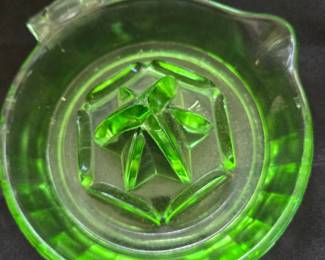 Green Depression Glass Citrus Juicer with Starburst Pattern
