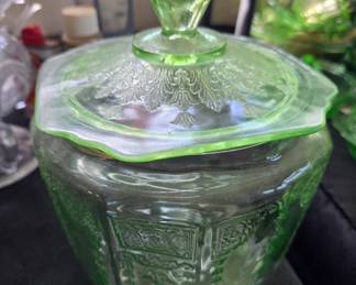 Green Depression Glass Princess Pattern Cookie Jar