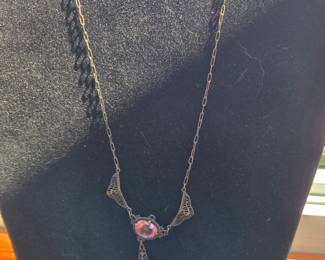 Art Nouveau Pink Glass and Filigree Lavalier Necklace