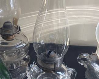 Clear Glass Oil Lamp with Ruffled Top Chimney and Loop Handles