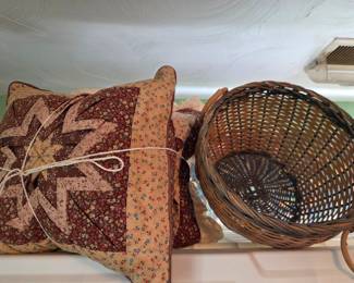 Vintage Patchwork Quilt Pillow and Wicker Gathering Basket