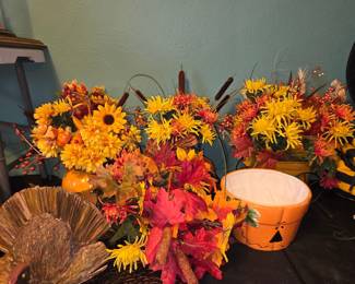 Artificial Fall Floral Arrangement with Pumpkin Planter and Turkey Decoration