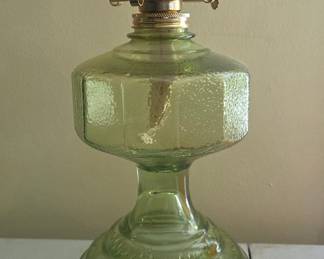 Green Glass Oil Lamp with Embossed Vine Pattern