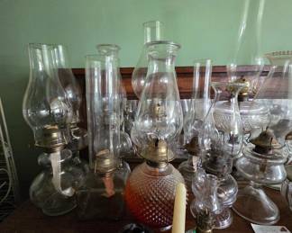 Assorted Glass Oil Lamps with Brass Burners and Accessories