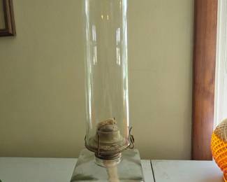 Clear Glass Oil Lamp with Brass Burner and Square Base
