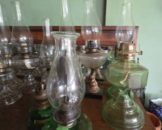 Collection of Vintage Colored Glass Oil Lamps