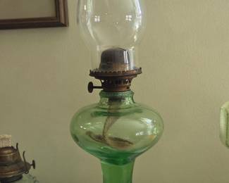 Uranium Glass Green Oil Lamp with Clear Chimney