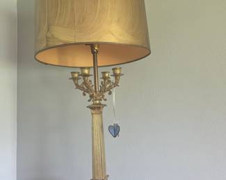 Vintage Brass Candelabra Floor Lamp with Fluted Column and Green Base