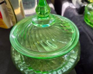 Green Uranium Glass Swirl Pattern Covered Candy Dish