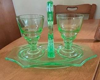 Green Uranium Glass Condiment Set with Tray - Anchor Hocking Block Optic Pattern