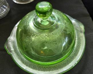 Green Depression Glass Covered Butter Dish - Georgian Lovebirds Pattern