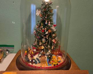 Vintage Musical Christmas Village Display Under Glass Dome