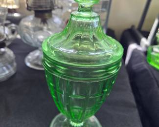Green Uranium Glass Candy Dish with Lid - Cameo Ballerina Pattern