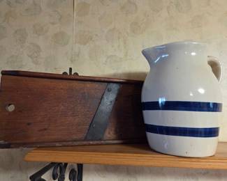 Vintage Robinson Ransbottom Blue Striped Stoneware Pitcher and Wooden Mandoline Slicer