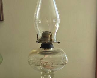 Antique Clear Glass Greek Key Oil Lamp with P&A Mfg. Co. Eagle Burner