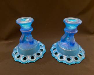 Pair of Vintage Blue Westmoreland "Doric Lace" Glass Candle Holders