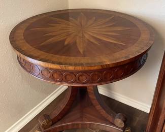 Round Hand Carved Maitland Smith Compass Inlay Mahogany Pedestal Table