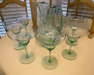  Green Glass Margarita Pitcher & Glasses Set