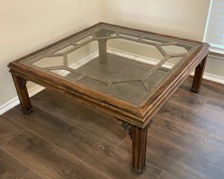 Large Square Wood & Glass Coffee Table