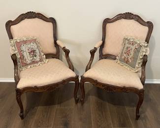 Set of Vintage Hand Carved Chateau d'Ax Armchairs in Peach Colored Fabric