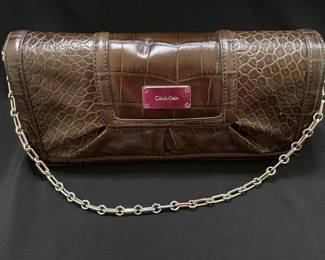 Calvin Klein Brown Embossed Leather Clutch w/Chain Strap