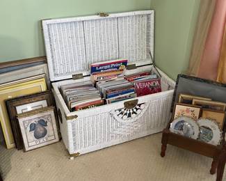 In This Picture - White Wicker Storage Trunk, Magazines, Artwork