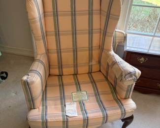 two Ethan Allen wing-back chairs, new upholstery needed